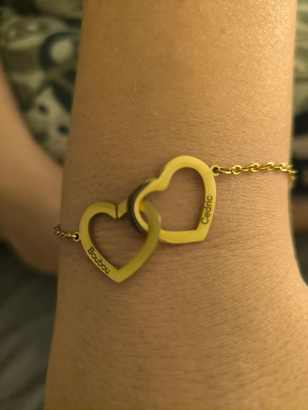 Customer photo review of Personalized Interlocking Double Heart Bracelet