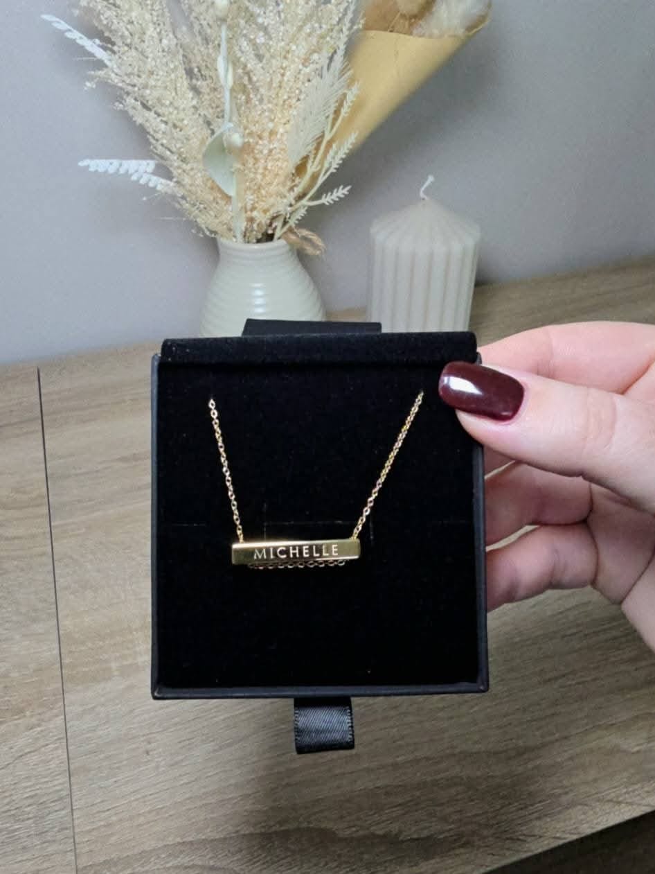 Customer photo review of 4cm Letter Bar Necklace in Gold Horizontal