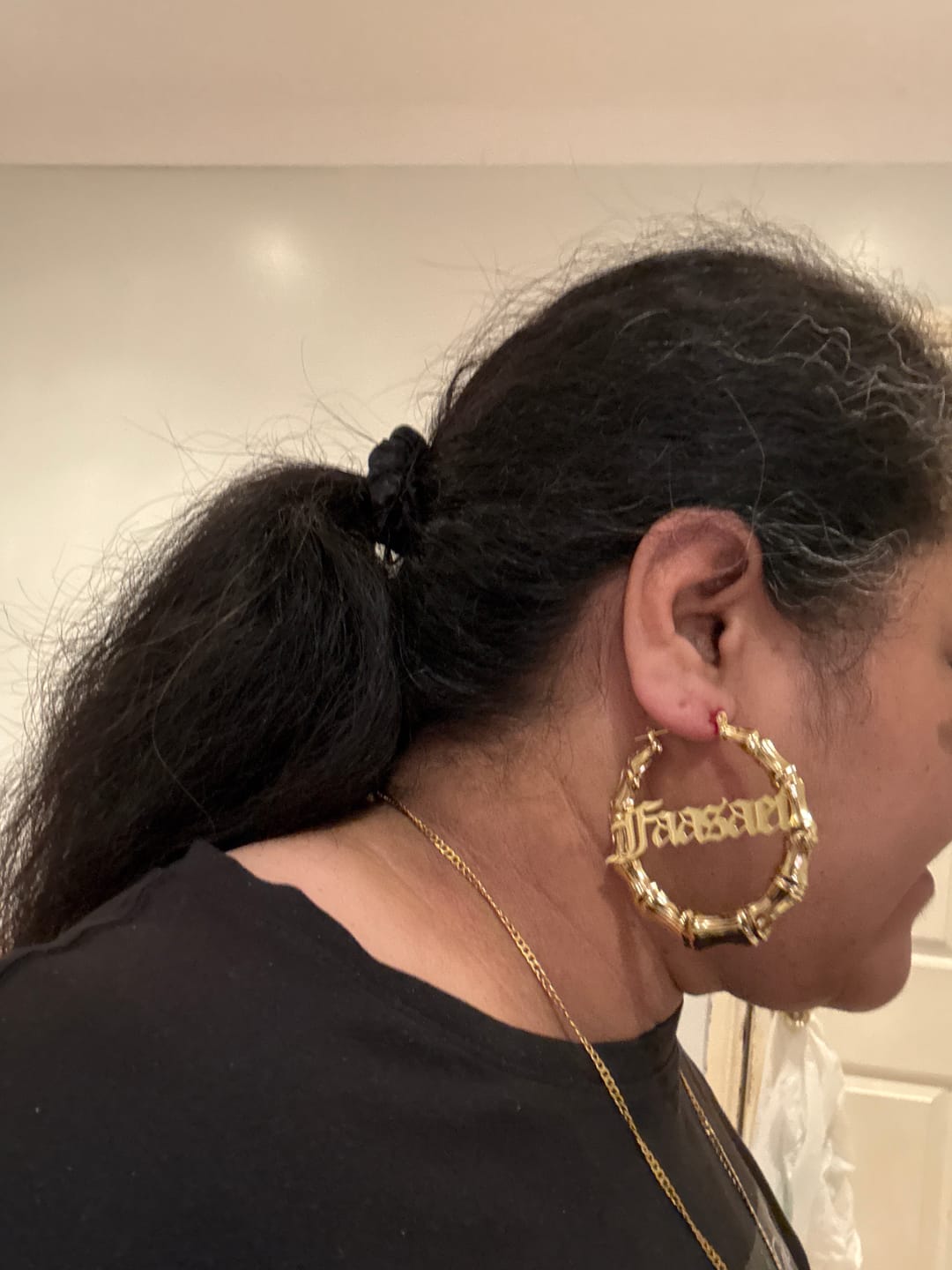 Customer photo review of Gothic Name Hoop Earrings