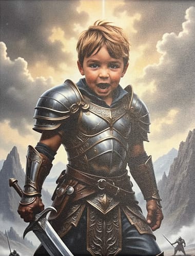 Customer's 'The Barbarian Warlord' portrait, showing a child's face on a warrior in detailed armor holding a sword.