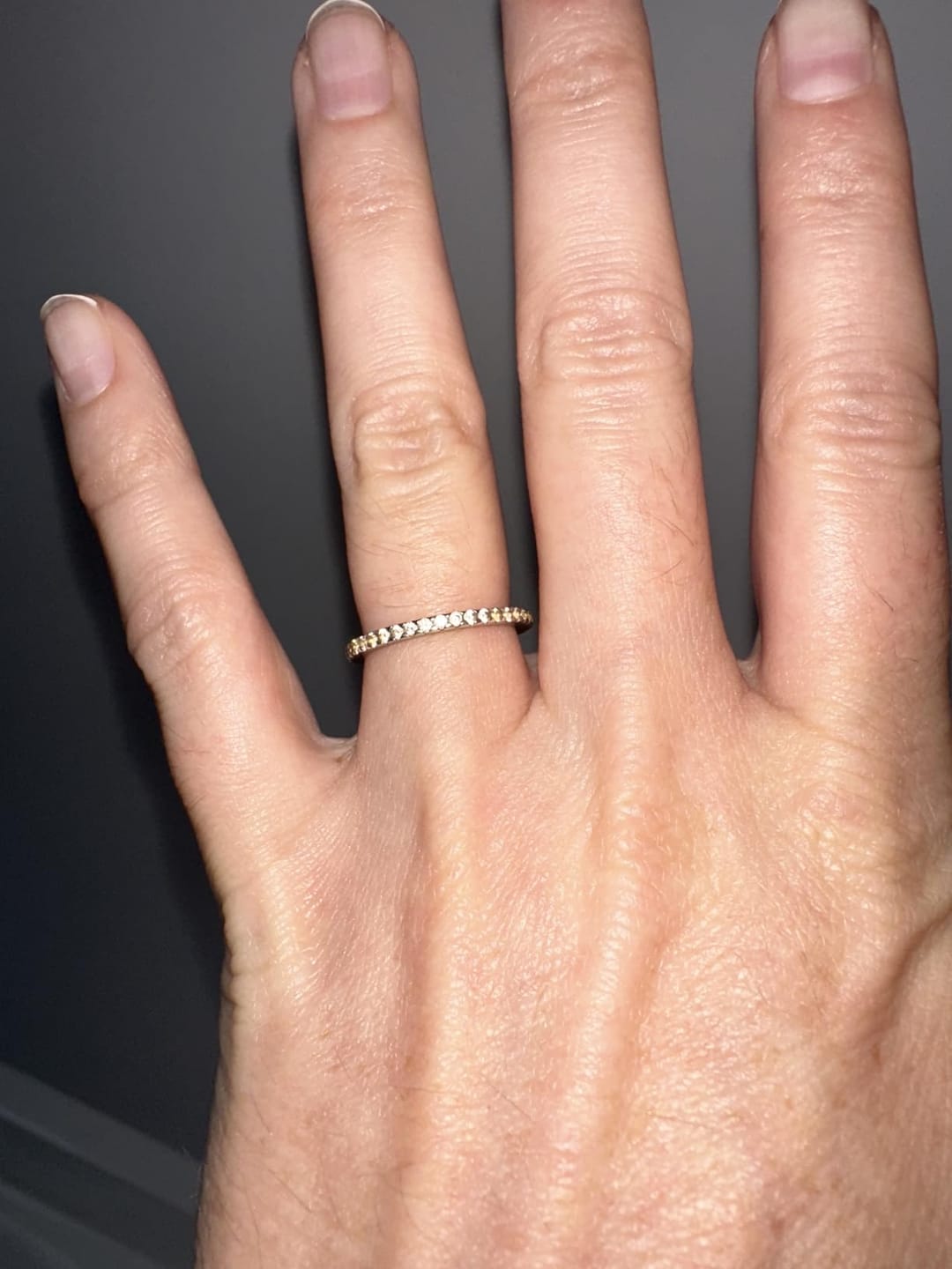 Customer photo review of Rodiffy Moissanite 0.5 Ct Yellow Gold  Full Eternity Thin Wedding Band For Women
