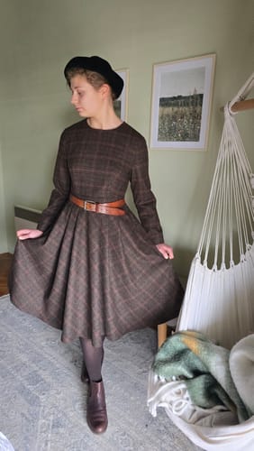 Customer photo review of Brown Wool Blend Long Sleeve Plaid Dress – Handmade Retro Winter Style | Xiaolizi 4814