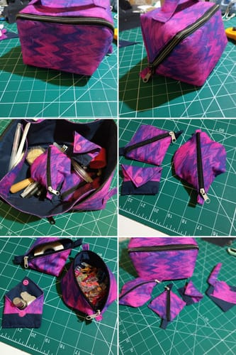 Reviewer's collage showing a large pouch and several smaller pouches made from the vibrant pink and purple cotton bundle.