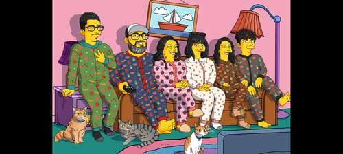 Customer's 'Turn Me Yellow' hand-drawn portrait of a family and their cats as yellow cartoons on a living room couch.