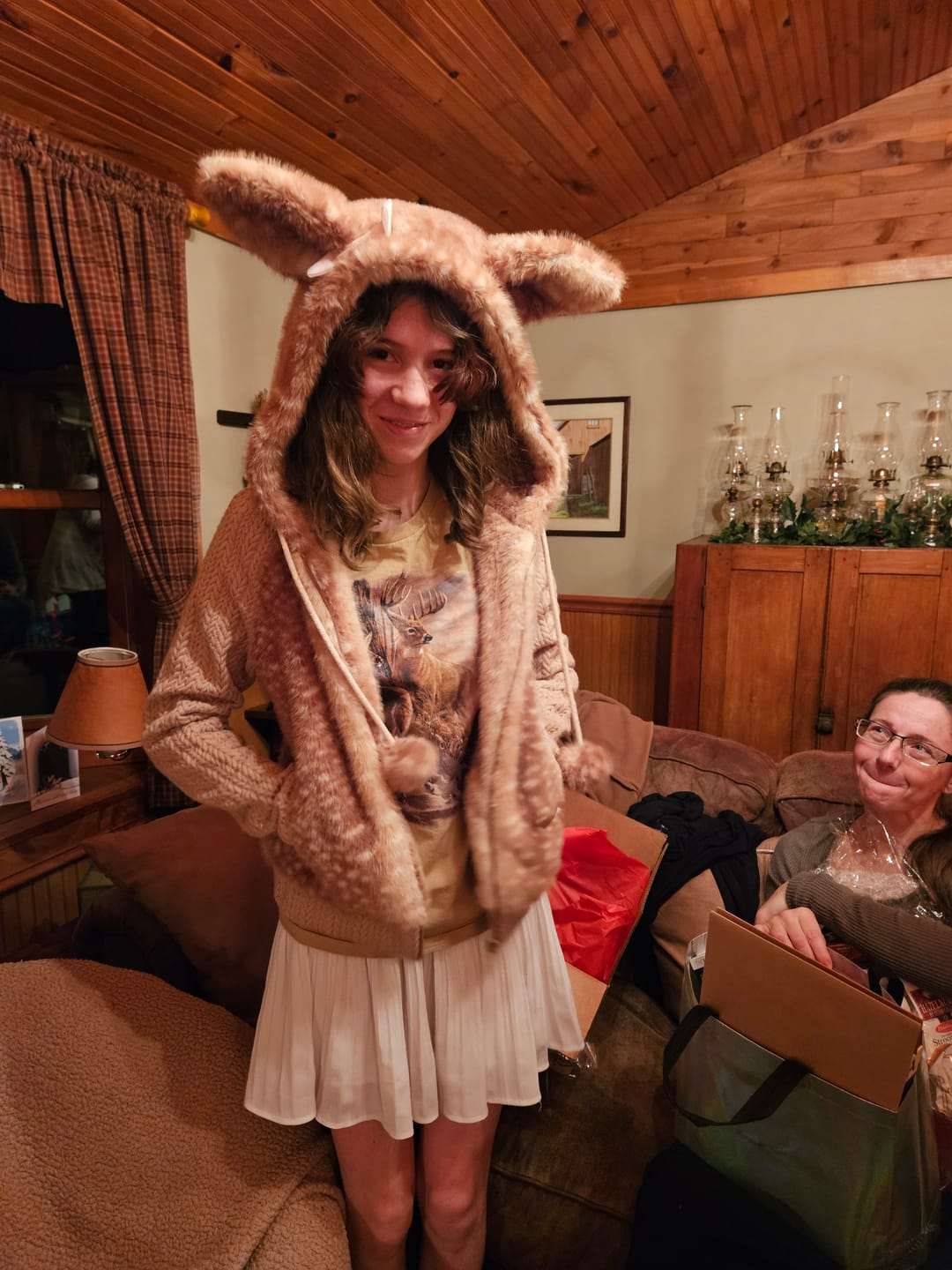 Customer photo review of [Rose Island] Fairy Spirit Deer In Flower Field Faux Fur Hoodie with Zipper