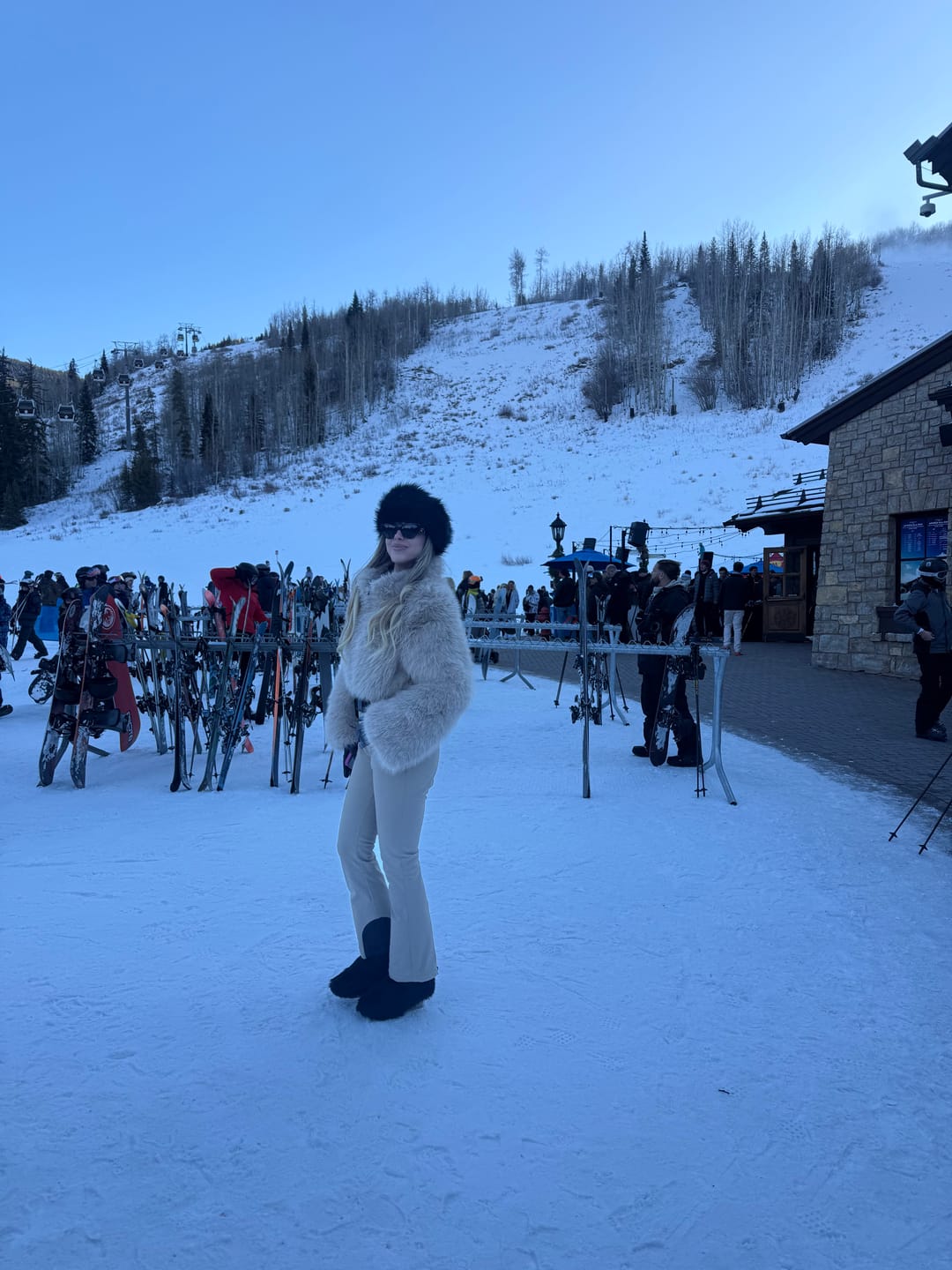 Customer photo review of Women's Khaki Fashion Slim-Fit Stretch One-Piece Ski Suit with Faux Fox Fur Jacket & Flared Legs