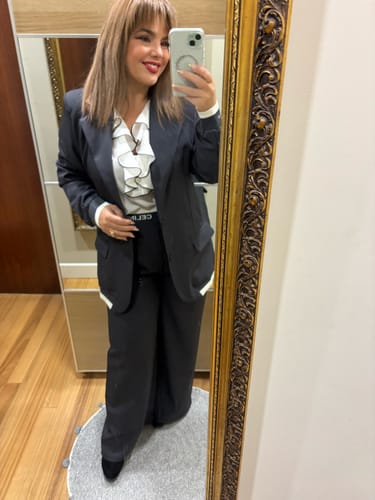 Customer photo review of Fashion Sports Style Ribbed Colorblock Lapel Blazer and Elastic Waist Pocket Loose Pants Set
