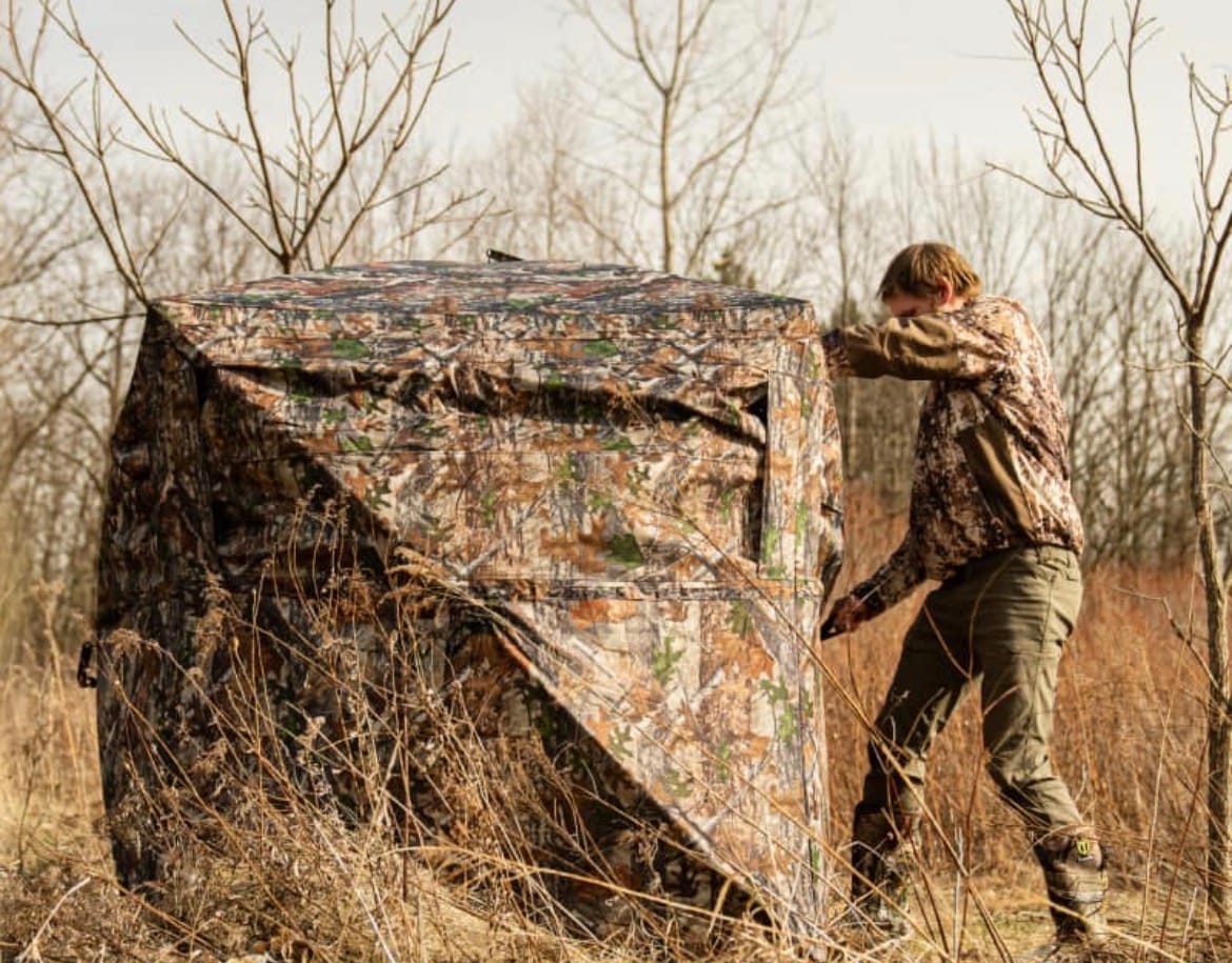 Customer photo review of Vis360 See Through Ground Blind | 360° Camouflage Pop Up Hunting Blind for 2/3/4 Person | Portable Deer Blind with Orange Cover