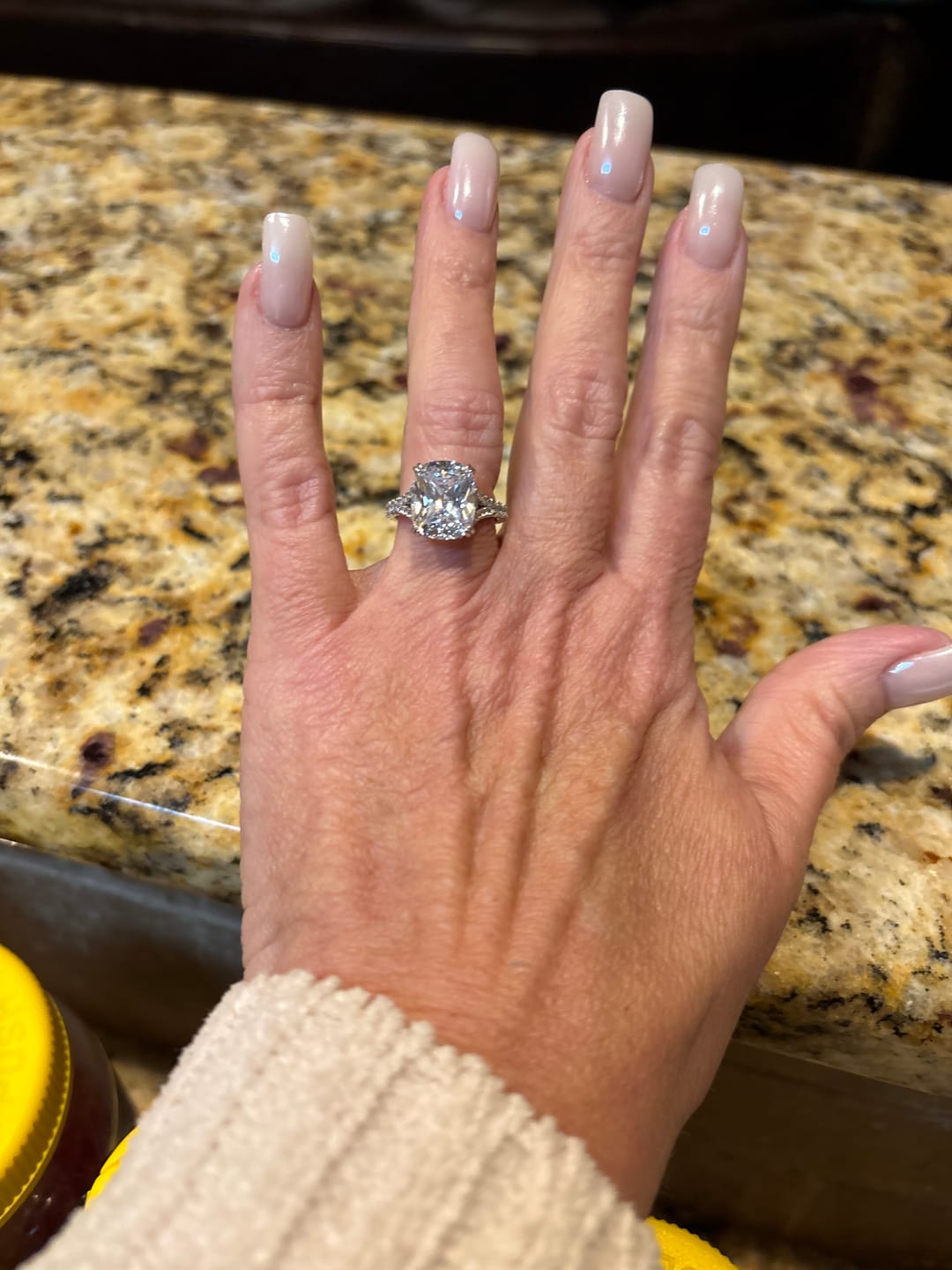 Customer photo review of S925 7.0Ct/4.0Ct Split Shank Cushion Cut Engagement Ring 18K White Gold Plated Travel Rings with Pavé Accents