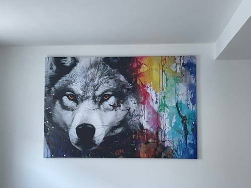 Customer photo review of Leinwandbild | Wolf mit bunten Farbspritzern | Querformat