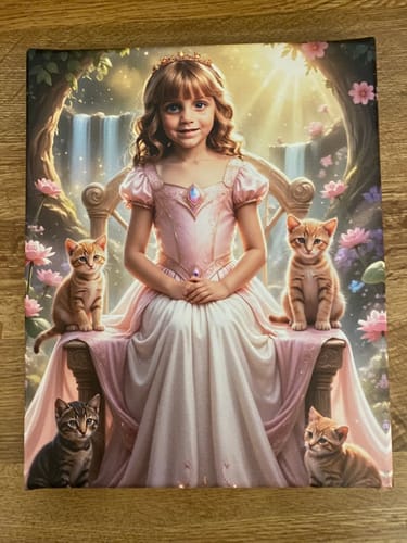 Customer's 'The Kitty Princess' personalized portrait of a young girl in a pink gown, seated on a bench with four kittens.