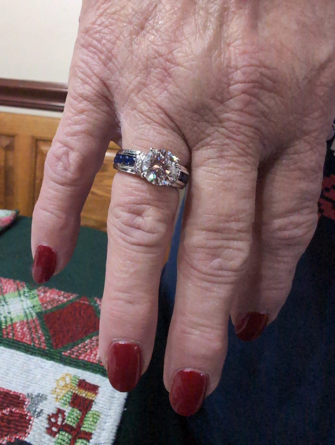Customer photo review of Moissanite With Channel Set Sapphire Accents Engagement Ring