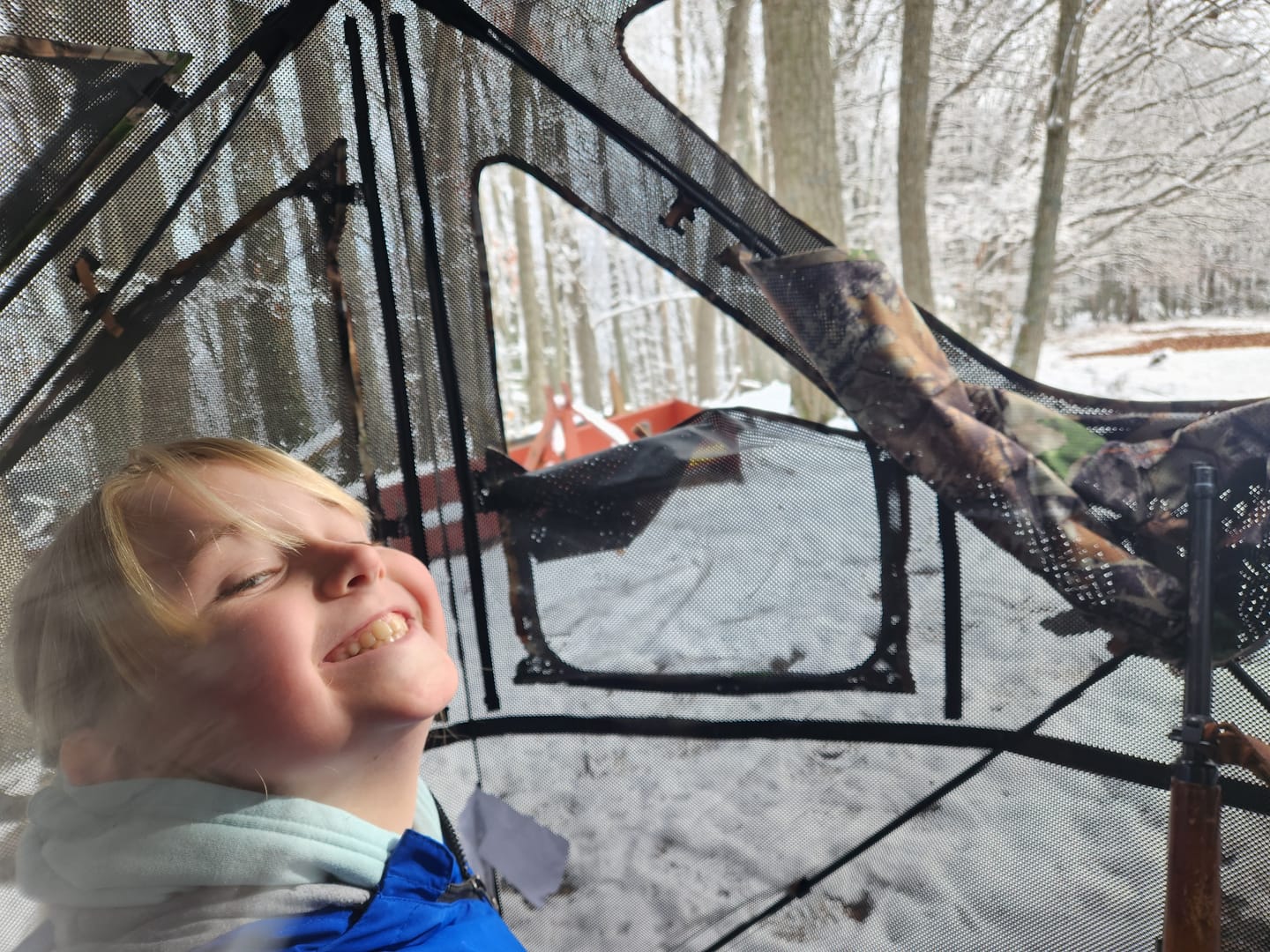 Customer photo review of Vis360 See Through Ground Blind | 360° Camouflage Pop Up Hunting Blind for 2/3/4 Person | Portable Deer Blind with Orange Cover