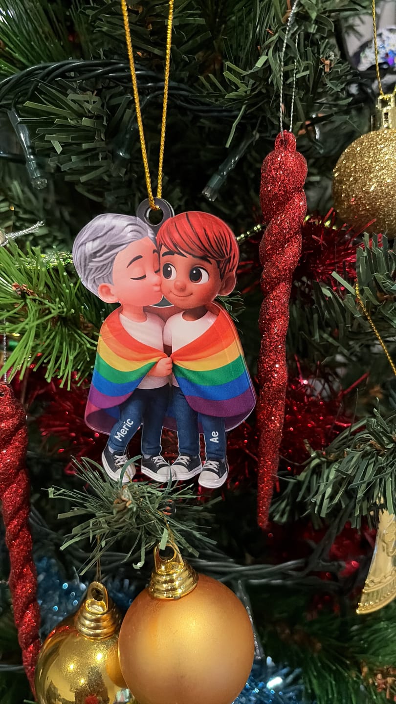 Customer photo review of Pride Month LGBT Couple Love Is Love Personalized Acrylic Christmas Ornament