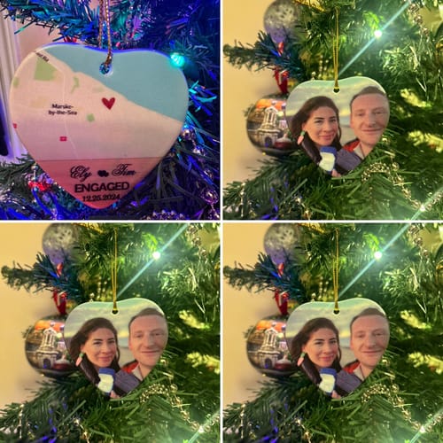 Customer photo review of Engagement Ornament - Custom Map & Photo Gift Heart-shaped Ceramic Ornament