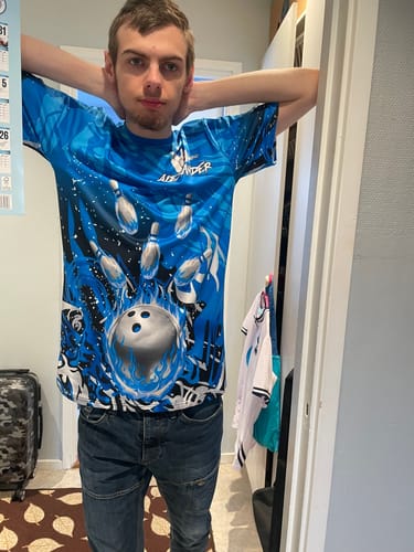 Customer photo review of Maxcorners Bowling Shirt Silver Flame Bowling Strike Explosion Multioptions Personalized Name, Team Name Unisex 3D Shirt