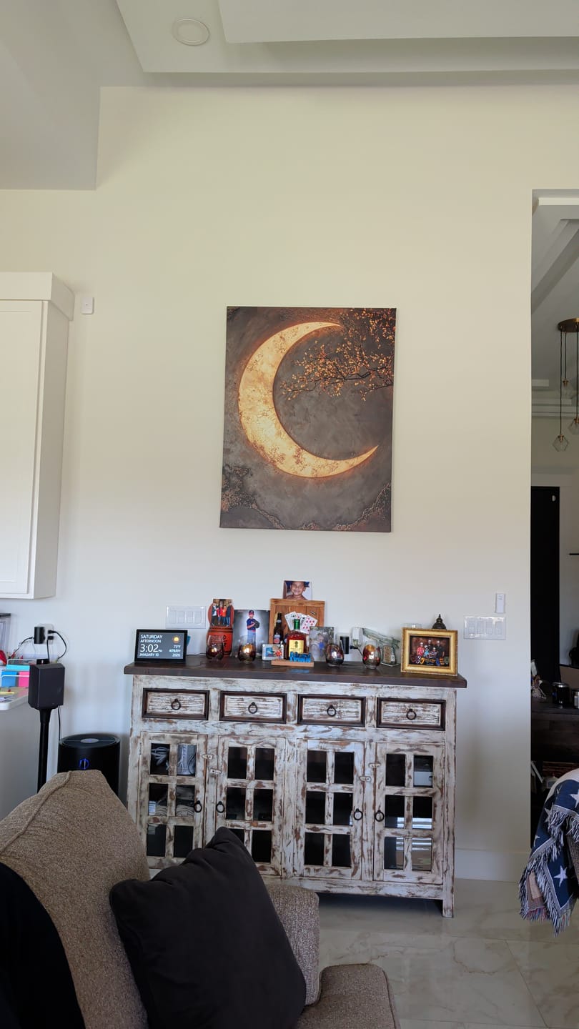 Customer photo review of Luxury Crescent Moon Canvas Wall Decor – Illuminated Gold and Grey Artwork