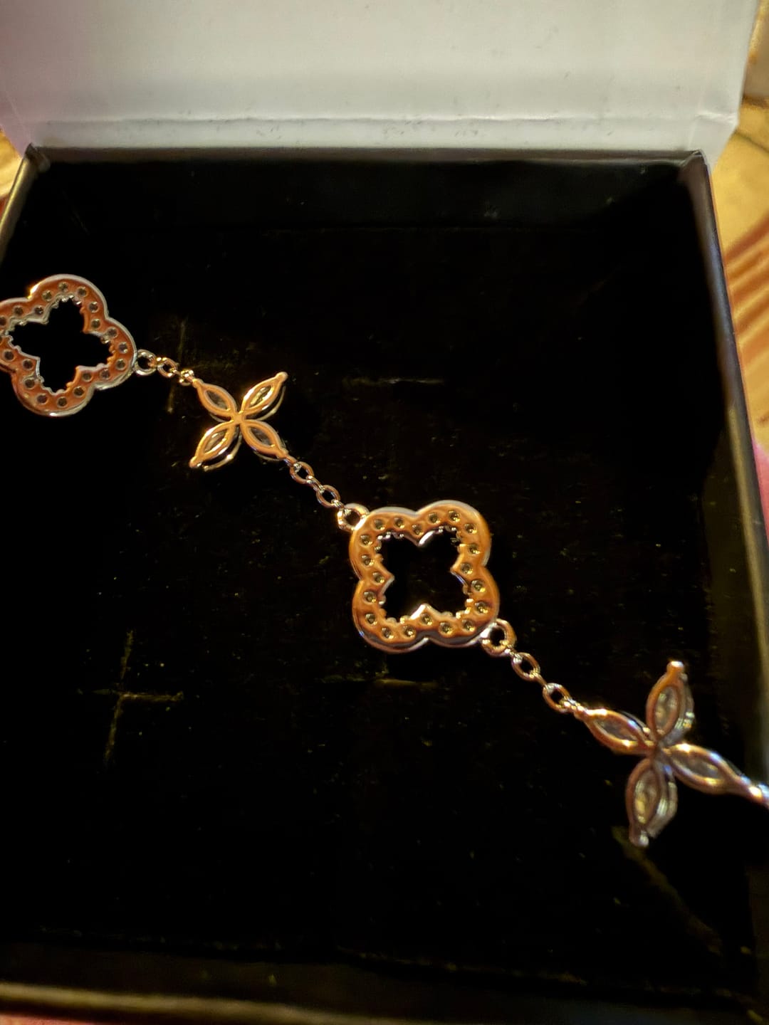 Customer photo review of Samara 18k White Gold Plated Clover Station Bracelet with Swarovski Crystals