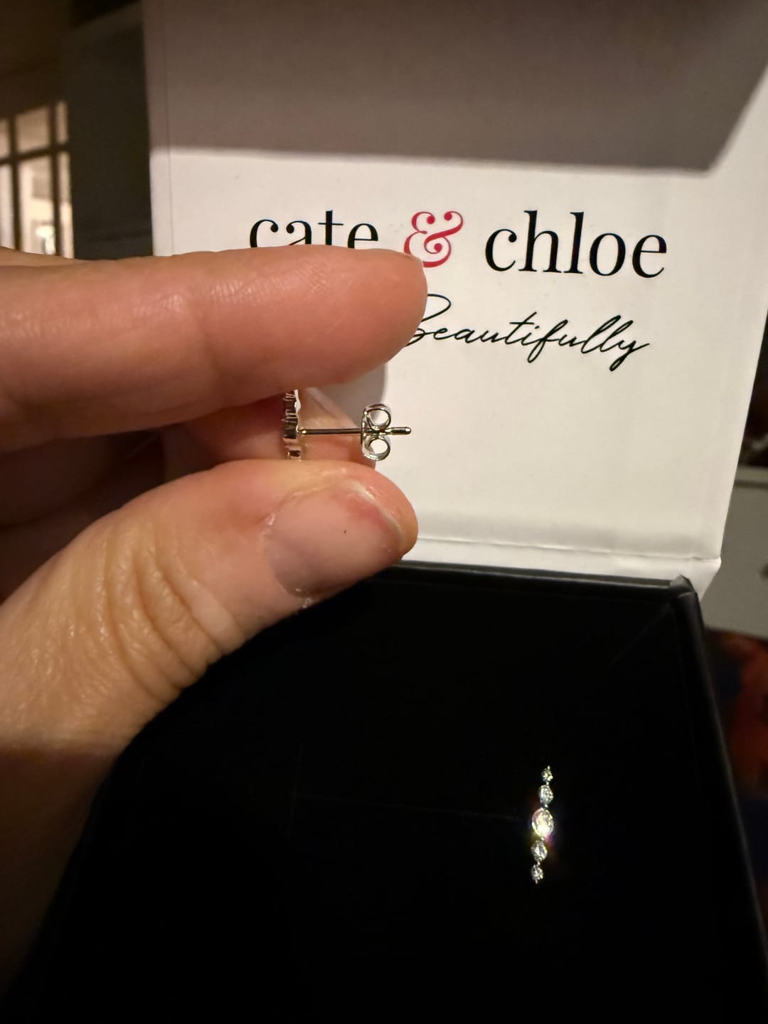 Customer photo review of Theadora 18k White Gold Plated Linear Stud Earrings with Swarovski Crystals