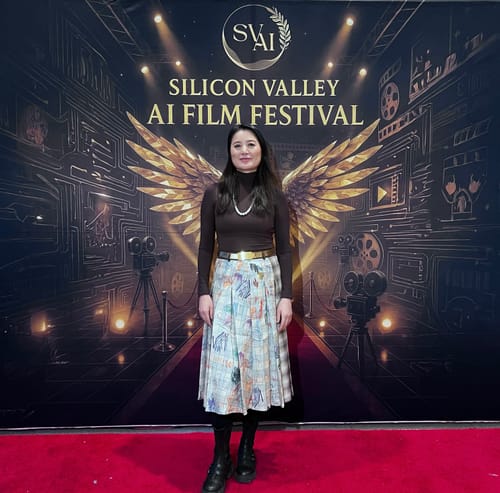 Reviewer wearing the brown Butter Turtleneck Contour Bodysuit with a patterned skirt at an event.