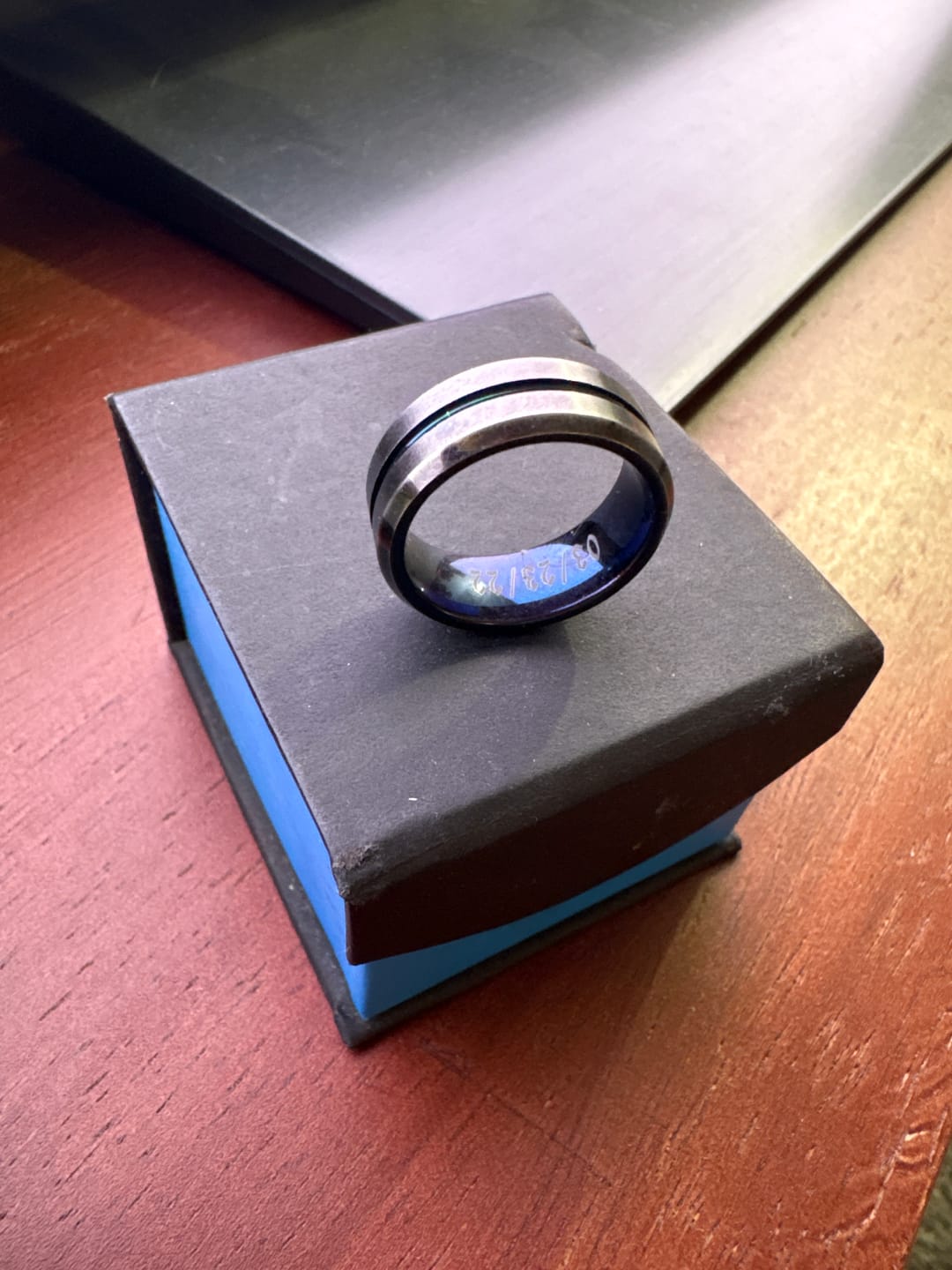 Customer photo review of 8mm - Black Blue Tungsten Carbide Ring - Grooved Beveled Edges - Wedding Band