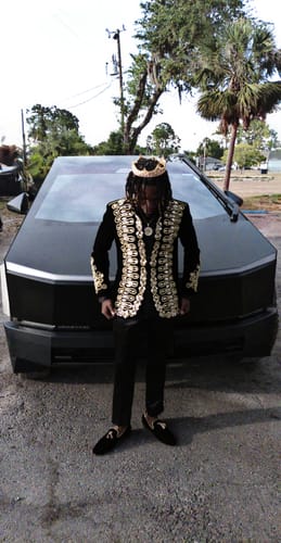 Customer photo review of Men's Handmade Gold Aigillette and Rhinestone Hussar Officers Style Black Velvet Tuxedo