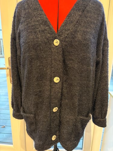 Customer's finished dark blue cardigan made from the textured Cozy Knitted Jersey Fabric.