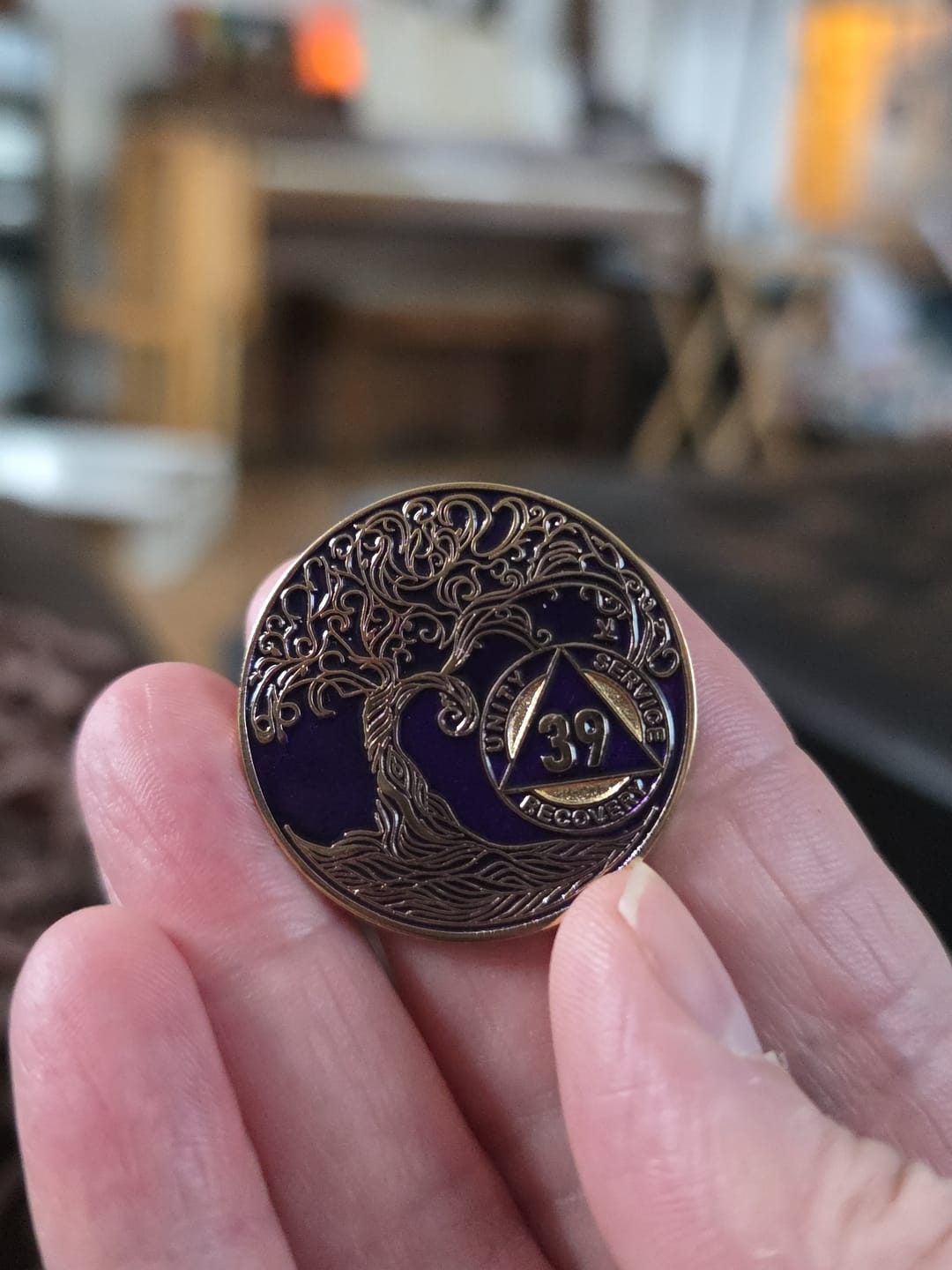 Customer photo review of 1 to 50 Year Sobriety Mint Twisted Tree of Life Gold Plated AA Recovery Medallion/Chip/Coin - Purple
