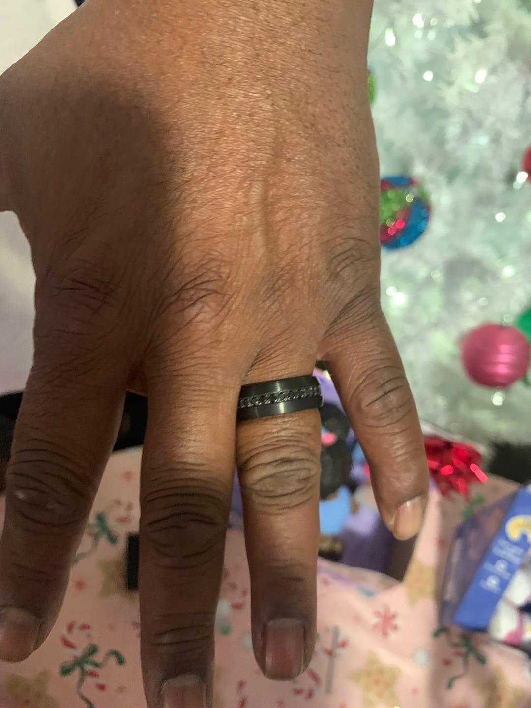 Customer photo review of 8mm Black Tungsten Wedding Band with Black Sapphires