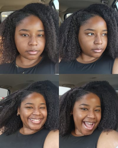 Customer photo review of CurlyMe 3 In 1 Half Wig Afro Kinky Curly Glueless Install Half Wig With Draw-string Beginner Friendly