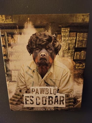 Customer photo review of 'Pawblo Escobar' Personalized Pet Canvas