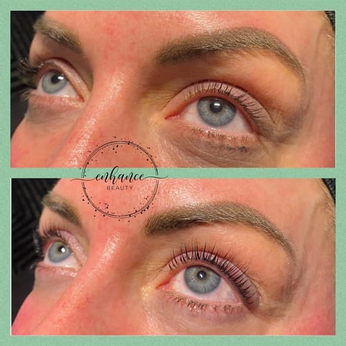 Reviewer's before-and-after photo showing lashes becoming lifted and curled after using the Lash Lift Kit.