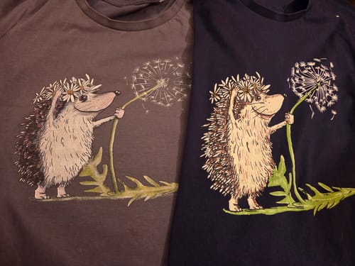 Rezensent vergleicht den Aufdruck von zwei 'Igel mit Pusteblume' Shirts, einem älteren grauen und einem neueren blauen.