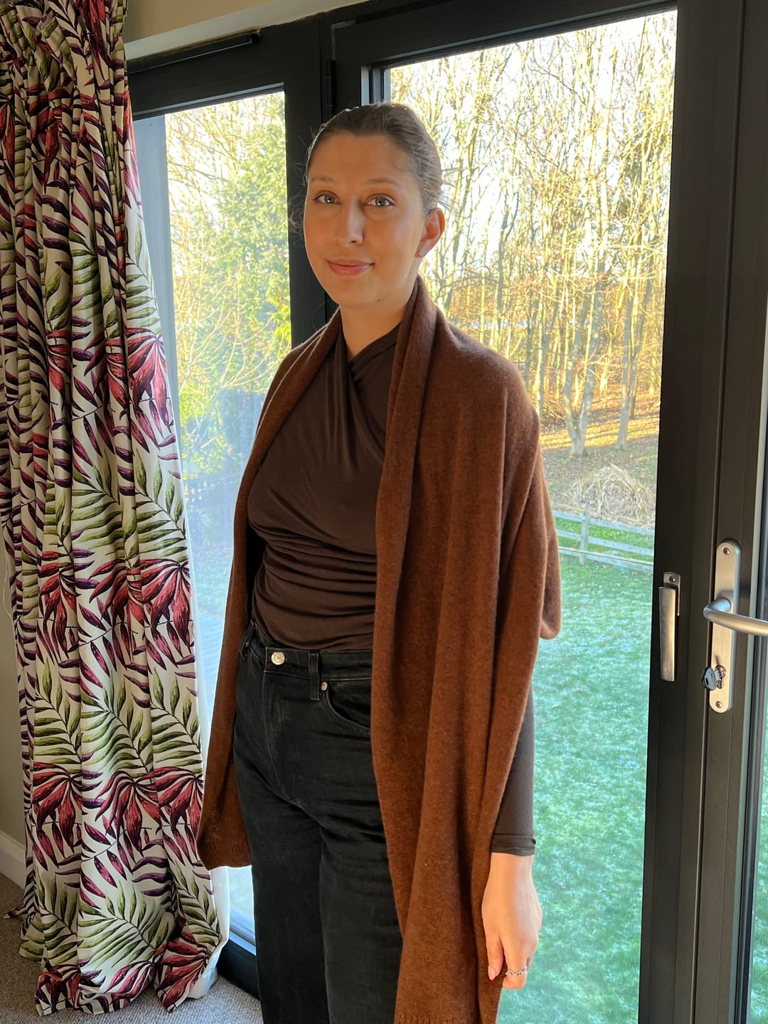 Customer photo review of Brand New Chestnut Brown Recycled Cashmere Wrap