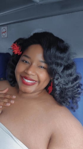 Customer photo review of CurlyMe 3 In 1 Half Wig Afro Kinky Curly Glueless Install Half Wig With Draw-string Beginner Friendly