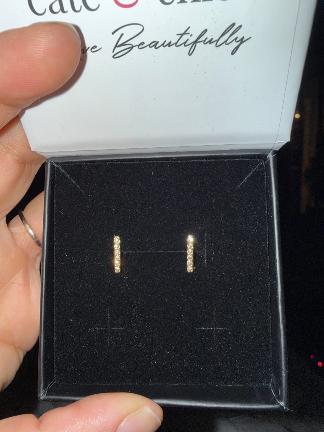 Customer photo review of Hayden 18k White Gold Plated Linear Stud Earrings with Swarovski Crystals