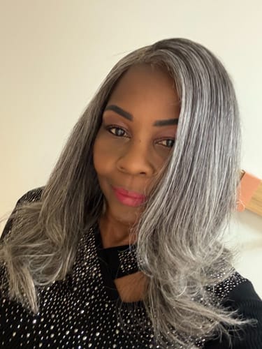 Customer photo review of Luvwin Salt & Pepper Gray Beginner Friendly Glueless Straight Wig 100% Human Hair