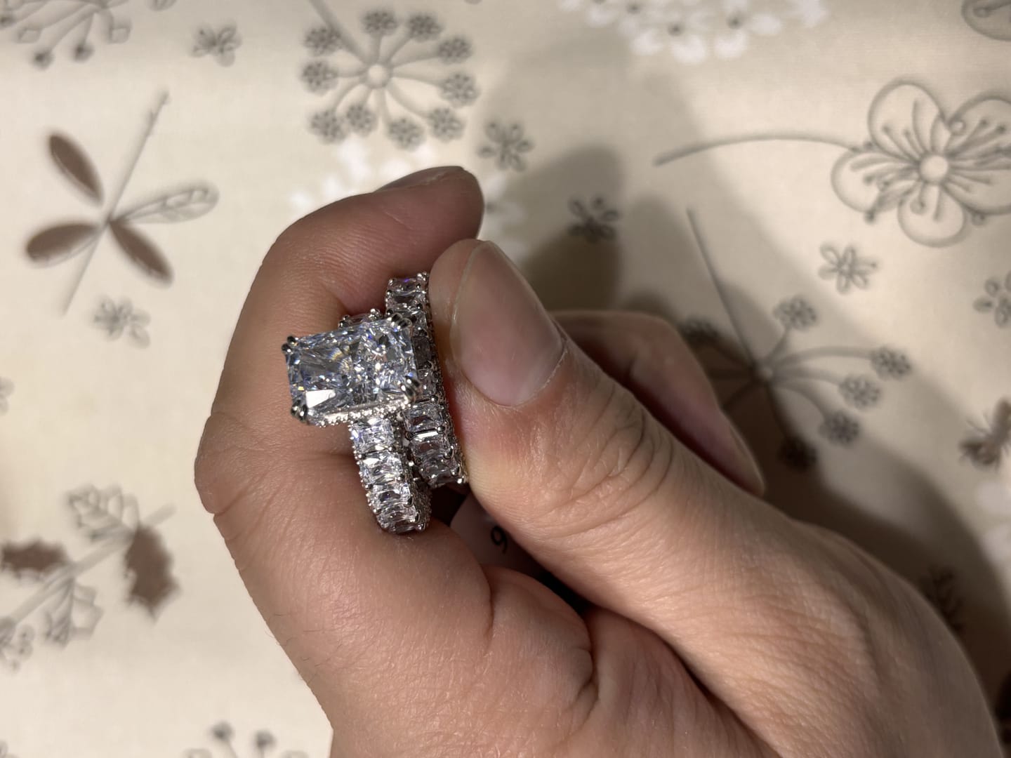 Customer photo review of Glistening-hued Radiant Cut 5.0ct Pave 925 Sterling Silver Wedding Ring Set