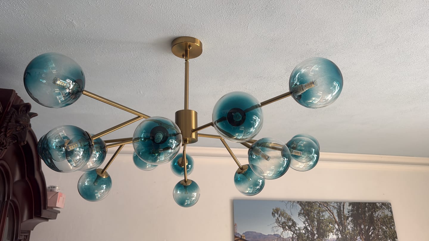 Customer photo review of 15-Light Sputnik Branching Blue Glass Globe Chandelier