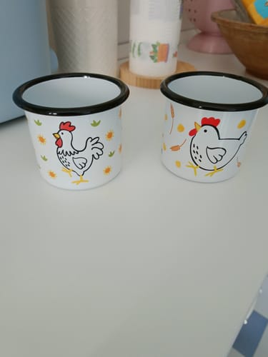 Recensione con foto di un cliente su Gallo&Gallina🐓-Set da 2 Tazze in metallo smaltato