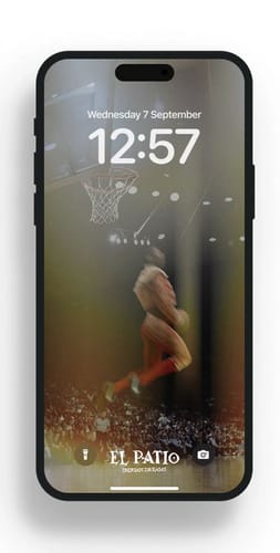 Reviewer's phone showing the Bullfighter Dunk Wallpaper with a blurred figure jumping towards a hoop.