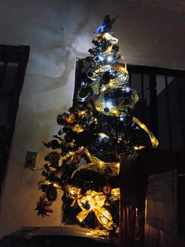 El árbol navideño negro del cliente, decorado con luces brillantes y cintas doradas en una habitación oscura.