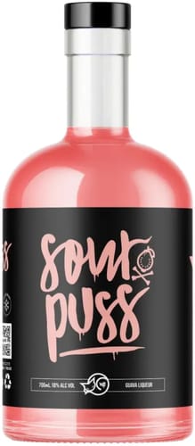 Customer's bottle of Sour Puss Guava liqueur, showing its pink color and black label.