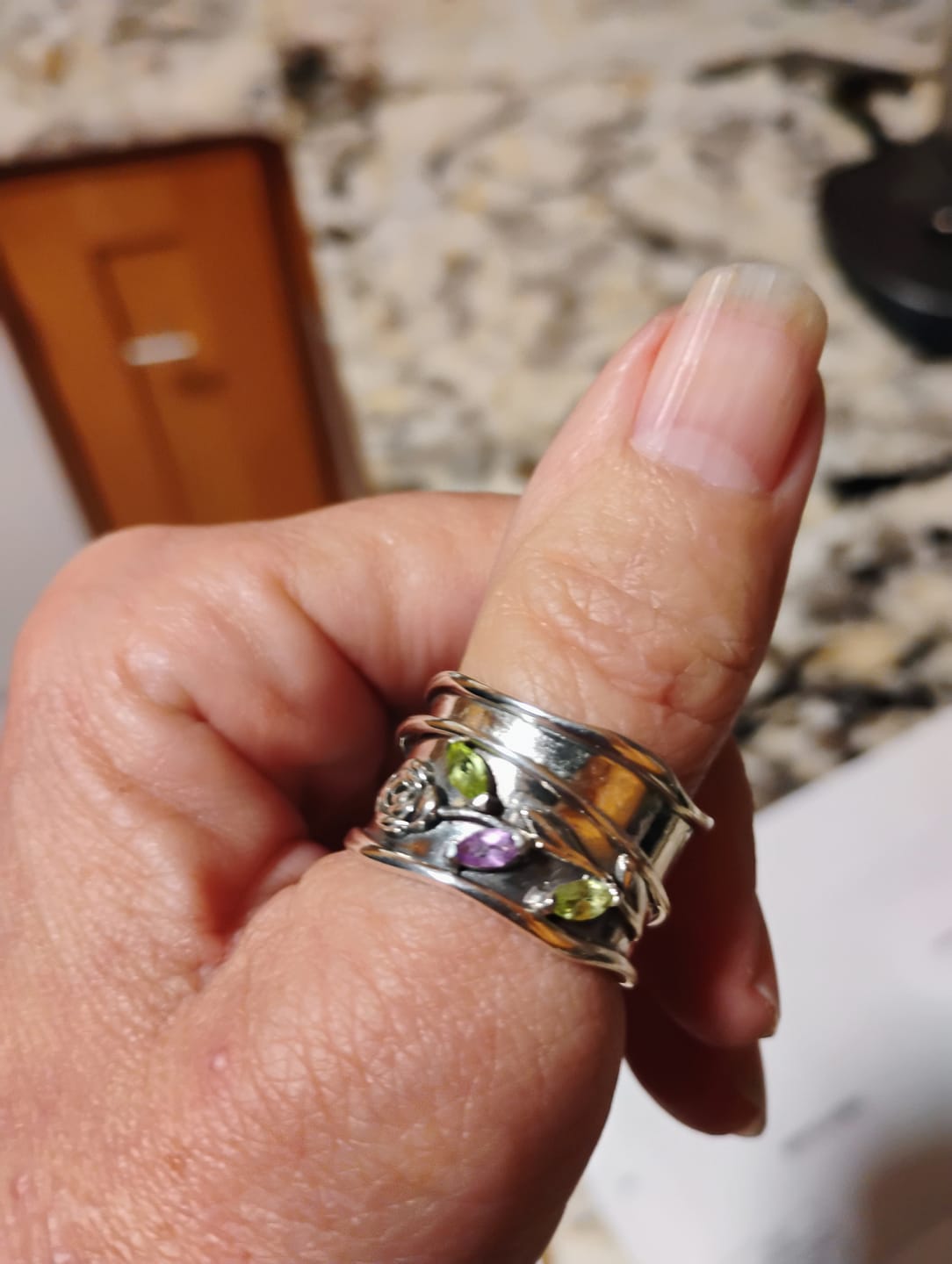 Customer photo review of Rose Flower Fidget Ring with Green and Purple Amethyst