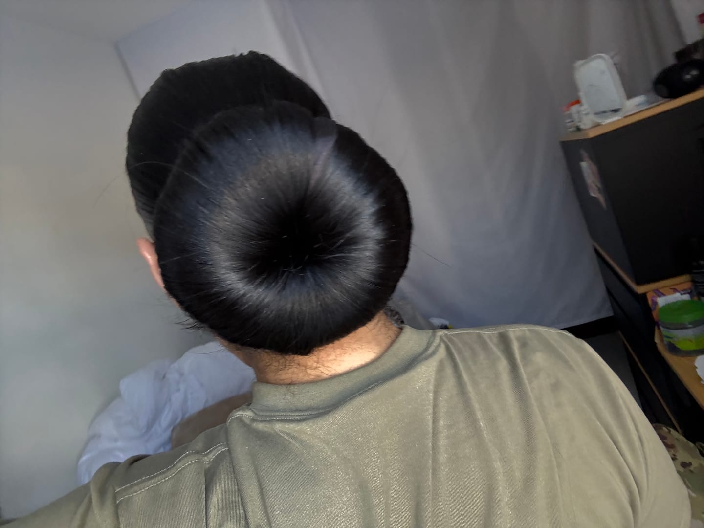 Customer photo review of BLACK MULBERRY SILK HAIR-BUN MAKER FOR MILITARY HAIR BUN