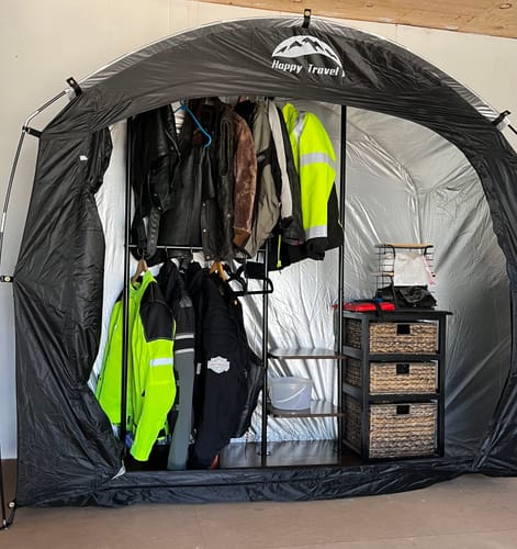 Customer photo review of Raybee Industrial Pipe Clothes Rack On Wheels, Portable Metal Garment Rack With Wooden Shelves