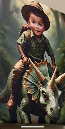 Customer's 'The Dinosaur' portrait showing a smiling child in an explorer outfit riding on a large green dinosaur.