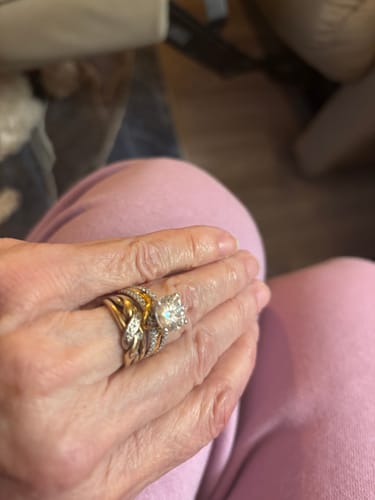 Customer photo review of Round Moissanite Two Tone Vine Split Shank Pave Engagement Ring