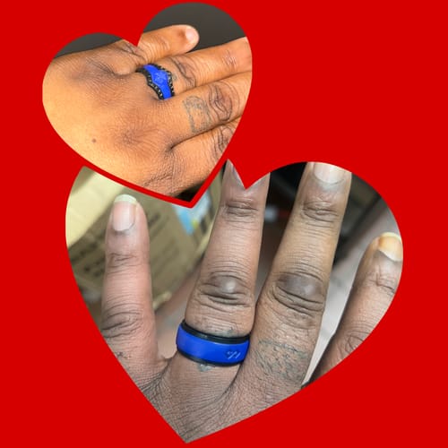 Customer showing both the women's and men's blue silicone rings from the set on their hand in a heart-shaped collage.