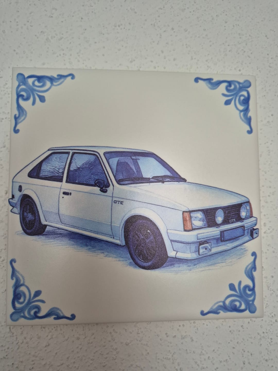 Customer photo review of Delfts Blauw tegeltje bedrukken met eigen auto